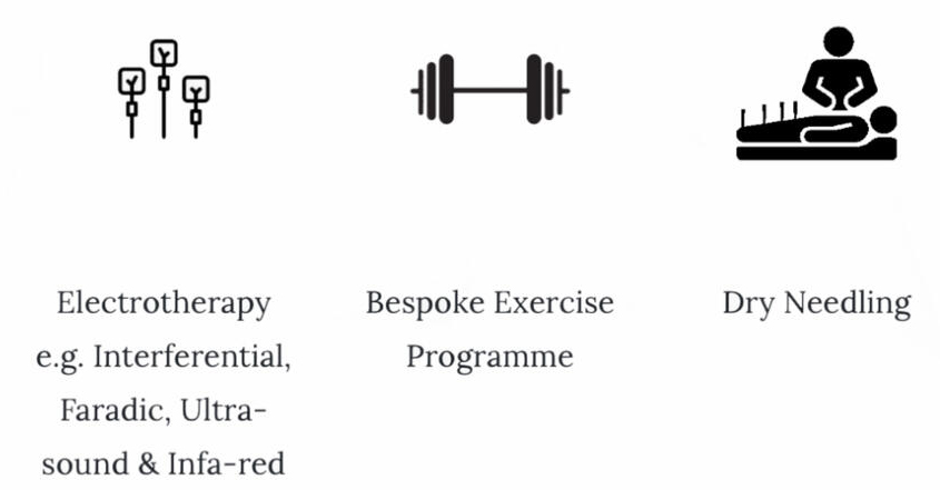 physiotherapy icons of services offered at Max Rehab. Manual therapy, massage, electrotherapy, exercise therapy and dry needling.